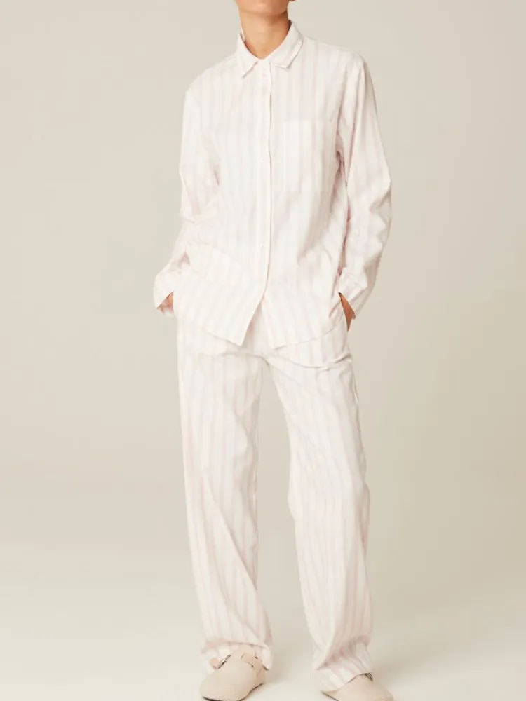Lounge-Wear^Pluto 100% Baumwolle Pyjama JANICA weiß pink-gestreift von weiß mit pinken Streifen
