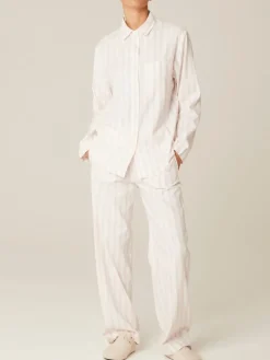 Lounge-Wear^Pluto 100% Baumwolle Pyjama JANICA weiß pink-gestreift von weiß mit pinken Streifen
