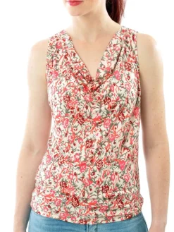 Shirts Mit Seide|Mit Jersey & Wirkseide^Alkena 100% Bio-Seide WASSERFALL TOP geblümt Interlock von floraler Druck in koralle-beere mit grün