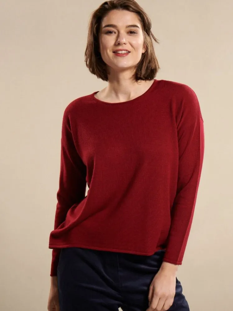 Lounge-Wear|Langarm^Kokon Zwo 100% Merinowolle kbT Feinstrick Boxy-Pullover von blau oder rot