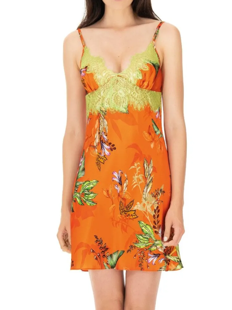 Alle Negligés|Seidenneglige^Luna di Seta 100% Seide Baby-Doll TROPICAL GARDEN orange-bunt von orange mit buntem Print und limette-grüner Spitze