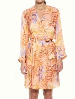 Morgenmantel Kurz|Morgenmantel Aus Satin^Eva B. Bitzer 100% Seide Kimono LEANDRA in apricot von apricot mit orange-lilanem Druck