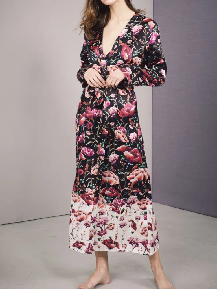 Morgenmantel Lang|Morgenmantel Mit Seide^Eva B. Bitzer 100% Seide Morgenmantel ROSES von schwarz mit rotem Druck