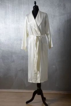 Morgenmantel Lang|Morgenmantel Mit Seide^Plauener Seidenweberei 100% Seide Morgenmantel WELLE naturweiß naturweiss mit eingewebtem Wellenmuster