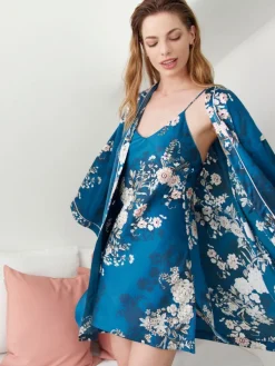 Seidennachthemd^Luna di Seta 100% Seide Nachthemd ORIENTAL FLOWERS petrol von petrol mit Blumenmuster