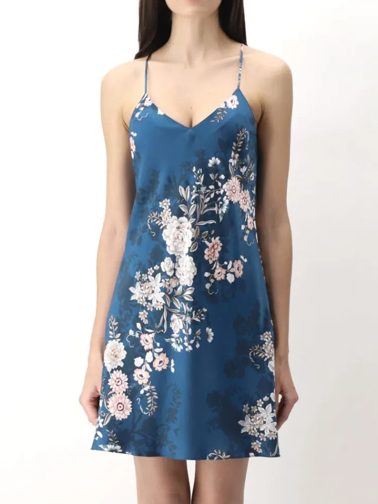 Seidennachthemd^Luna di Seta 100% Seide Nachthemd ORIENTAL FLOWERS petrol von petrol mit Blumenmuster