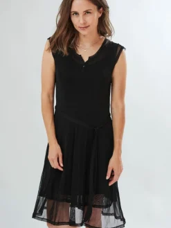 Freizeit- & Reisekleidung|Kleider^Kokon Zwo 100% Seide Netztüll Kleid schwarz oder mit Blumenmuster dunkelblau