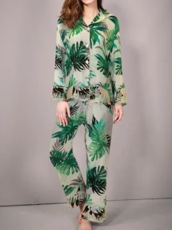 Seidenpyjama^Eva B. Bitzer 100% Seide Pyjama FARN weiß grün von cremeweiß mit grünem Blätter Druck