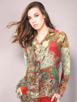 Lounge-Wear|Seidenpyjama^Fu00fcrstenberg 100% Seide Pyjama GRENADINE rot gold von Fürstenberg rot bunter Druck