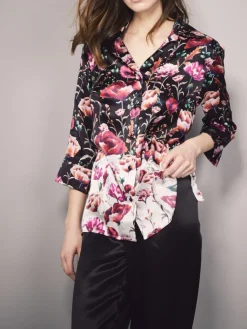 Lounge-Wear|Seidenpyjama^Eva B. Bitzer 100% Seide Pyjama ROSES von schwarz mit rotem Druck