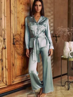 Lounge-Wear|Seidenpyjama^Marjolaine 100% Seide Pyjama SOIE FANTAISIE aus Satin von nebelgrau oder schiefergrau