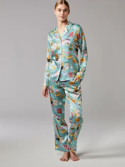 Lounge-Wear|Seidenpyjama^Eva B. Bitzer 100% Seide Pyjama TEA TIME in türkis von türkisblau mit Frühstücksdruck
