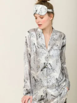 Lounge-Wear|Seidenpyjama^Radice 100% Seide Schlafanzug Elisabetha in JAPANESE GARDEN von silber mit weiß und dunkelgrau