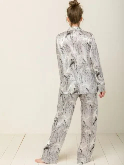 Lounge-Wear|Seidenpyjama^Radice 100% Seide Schlafanzug Elisabetha in JAPANESE GARDEN von silber mit weiß und dunkelgrau