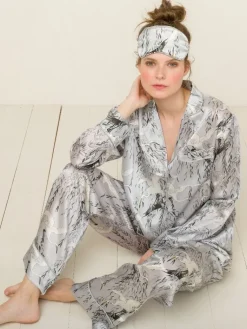 Lounge-Wear|Seidenpyjama^Radice 100% Seide Schlafanzug Elisabetha in JAPANESE GARDEN von silber mit weiß und dunkelgrau