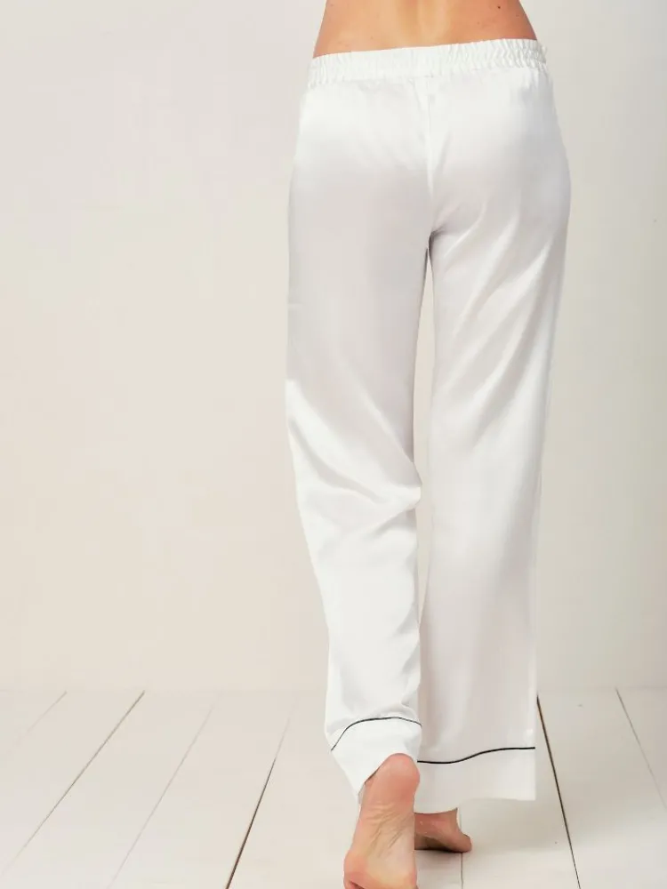 Lounge-Wear|Seidenpyjama^Radice 100% Seide Schlafanzug Elisabetha MOONLIGHT WHITE von cremeweiß mit schwarzer Biese