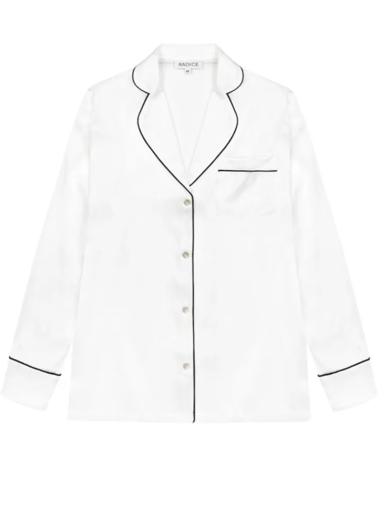 Lounge-Wear|Seidenpyjama^Radice 100% Seide Schlafanzug Elisabetha MOONLIGHT WHITE von cremeweiß mit schwarzer Biese