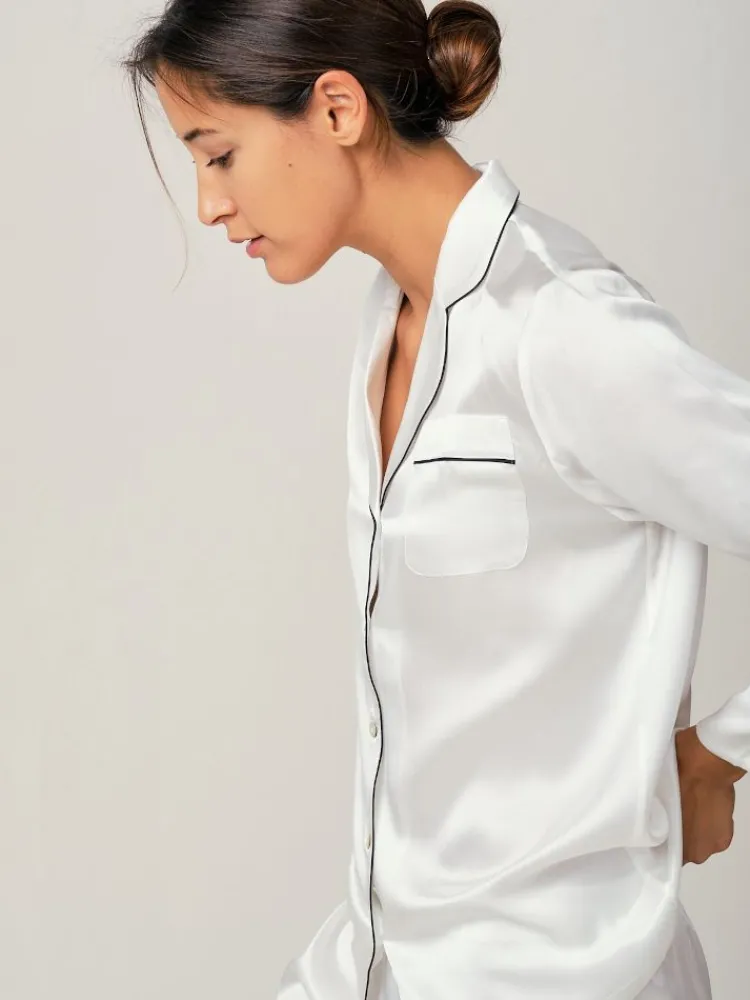 Lounge-Wear|Seidenpyjama^Radice 100% Seide Schlafanzug Elisabetha MOONLIGHT WHITE von cremeweiß mit schwarzer Biese