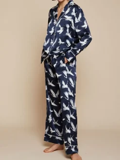 Lounge-Wear|Seidenpyjama^Radice 100% Seide Schlafanzug Elisabetha AVES dunkelblau von dunkelblau mit weiß