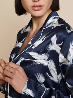 Lounge-Wear|Seidenpyjama^Radice 100% Seide Schlafanzug Elisabetha AVES dunkelblau von dunkelblau mit weiß