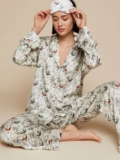 Lounge-Wear|Seidenpyjama^Radice 100% Seide Schlafanzug Elisabetha SEPTEMBER von seidenweiß mit grau-schwarz und rot grün