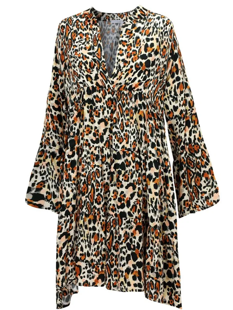 Strandkleider & Sommerkleider|Kaftan, Tunika & Pareo^Eva B. Bitzer 100% Seide Tunika Kleid LEONISSIMA von braun schwarz mit taupe und rosa auf naturweiß