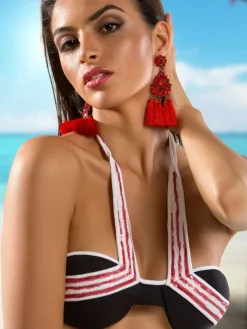 Badeanzug & Bikini^Cotton Club Bandeau Neckholder Bikini PAILLETTEN von Mare schwarz mit weiß und rot