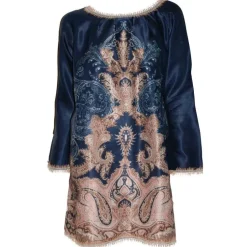 Kaftan, Tunika & Pareo|Lounge-Wear^Gattina Batist Shirt Baumwolle mit Seide MOON SHADOW blau-gold von dunkelblau und gold bedruckt