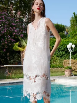 Strandkleider & Sommerkleider|Kaftan, Tunika & Pareo^Eva B. Bitzer Baumwolle Strandkleid LEONIE weiss mit Spitze von champagner