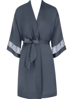 Morgenmantel Kurz|Morgenmantel Mit Spitze^Triumph Crepe Morgenmantel medium CHEMISES MATTE sturmgrau von dunkel blau-grau mit Spitze