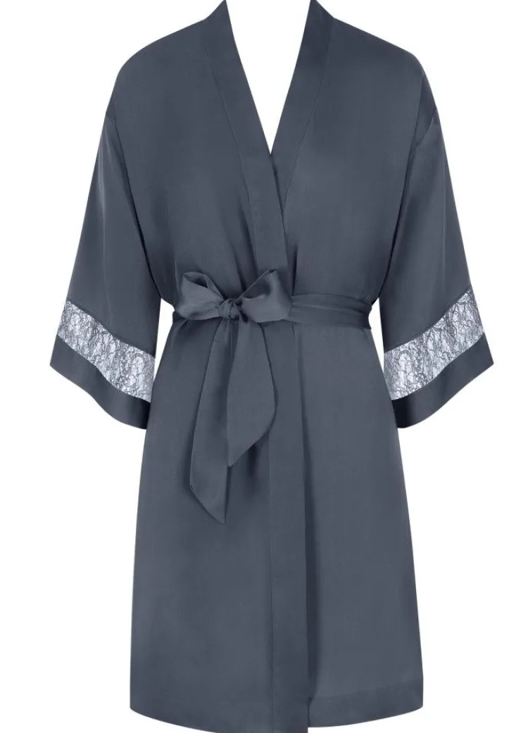 Morgenmantel Kurz|Morgenmantel Mit Spitze^Triumph Crepe Morgenmantel medium CHEMISES MATTE sturmgrau von dunkel blau-grau mit Spitze