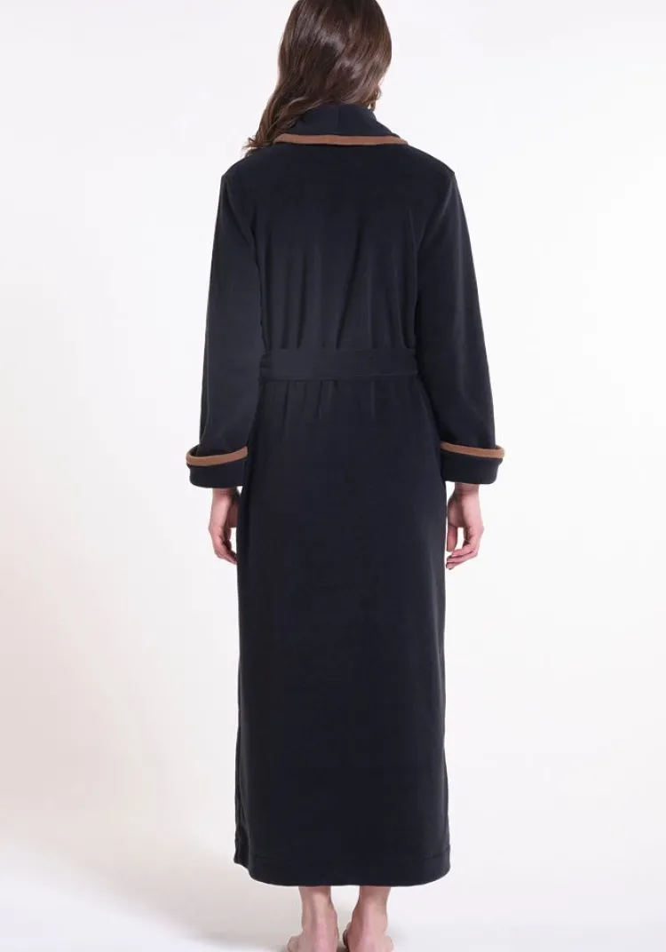 Lounge-Wear|Exquisite Morgenmäntel^Verdiani Fleece Morgenmantel lang NERO schwarz-nougat von mit Viscose schwarz-braun