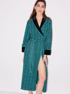 Hausmantel (Warm)|Morgenmantel Lang^Chiara Fiorini Hausmantel PAVONE VELOUR von türkisgrün/schwarz Kombination