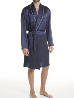 Seide Morgenmäntel^Verdiani Herren Morgenmantel 100% Seide PURA SETA mit Biese Man dunkelblau oder schwarz mit weißer Biese