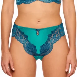 Alle Slips|Alle Unterteile^Millesia Hoher Slip mit Seide ADRIANA von türkisblau oder gold-sand farben mit Spitze