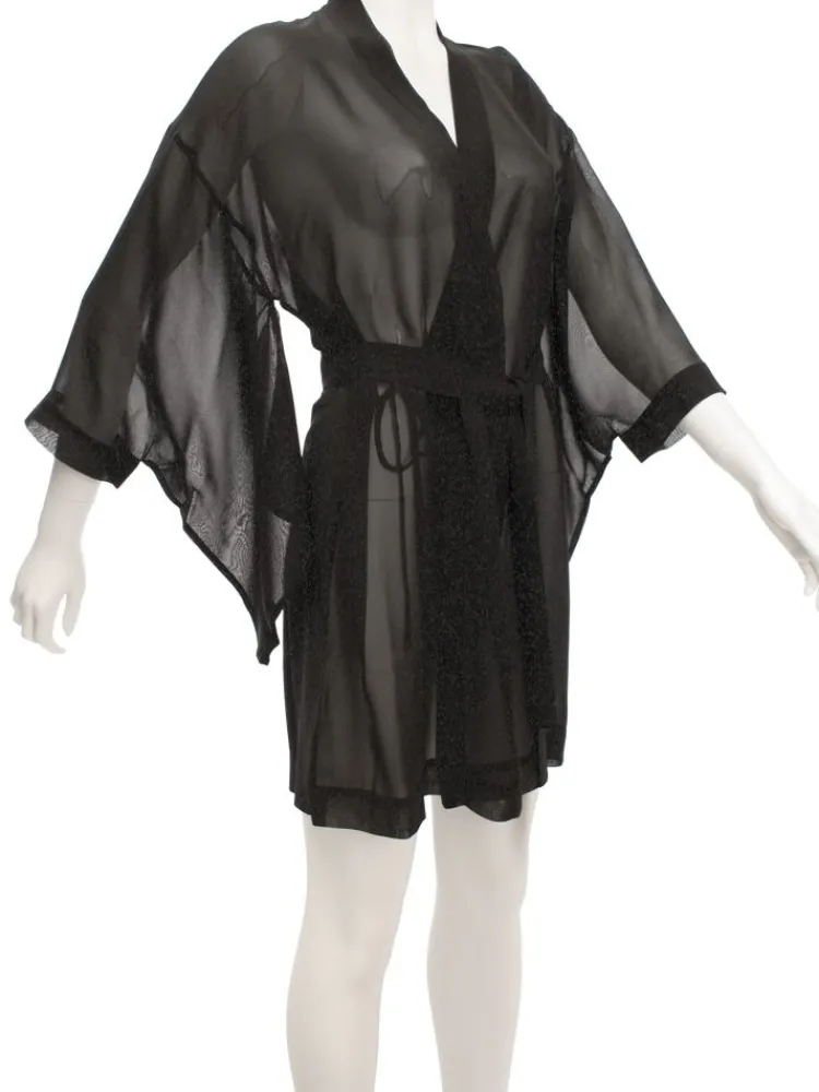 Morgenmantel Kurz|Morgenmantel Mit Seide^Marjolaine Kimono 100% Seide FIDJI MOUSSELIN schwarz von schwarz komplett und transparent