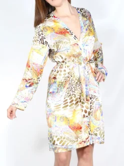 Morgenmantel Aus Satin|Morgenmantel Mit Seide^Eva B. Bitzer Kimono 100% Seide MARRAKESCH mit Animalprint von sand-gold mit buntem Druck