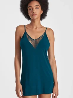 Edle Nachthemden|Alle Negligés^Aubade Kurzes Negligé LAZY DAYS mit Modal und Seide von smaragdgrün und schwarz