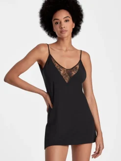 Edle Nachthemden|Alle Negligés^Aubade Kurzes Negligé LAZY DAYS mit Modal und Seide von smaragdgrün und schwarz