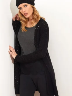 Lounge-Wear|Strickjacken & -Mäntel^Chiara Fiorini Lang Cardigan PAILLETTEN schwarz von mit Wolle und Mohair schwarz mit Pailletten