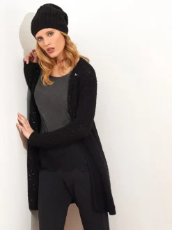 Lounge-Wear|Strickjacken & -Mäntel^Chiara Fiorini Lang Cardigan PAILLETTEN schwarz von mit Wolle und Mohair schwarz mit Pailletten