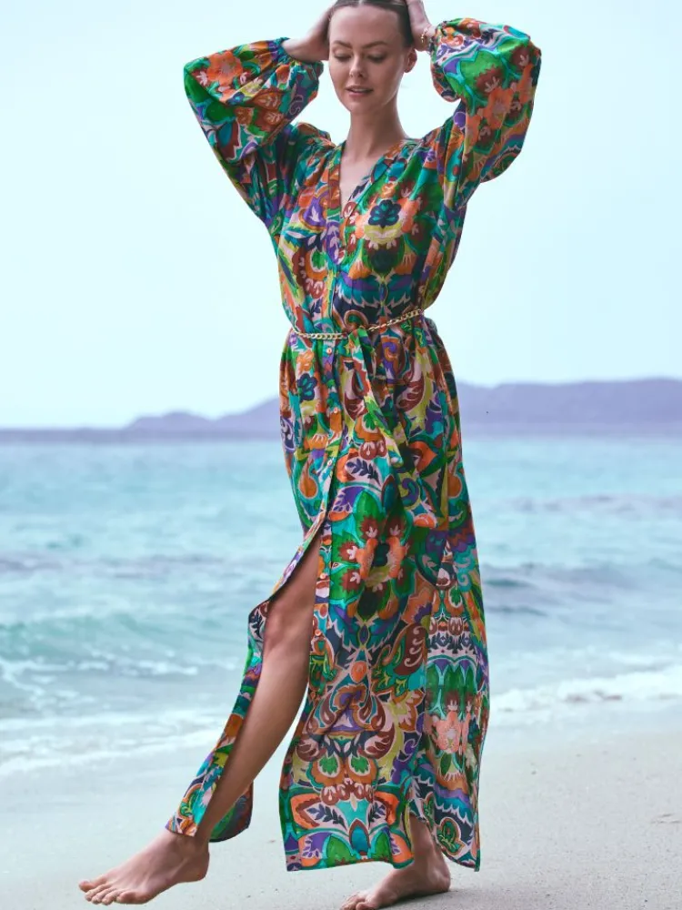 Strandkleider & Sommerkleider|Kleider^Marjolaine Langarm Feinbatist mit Seide Strandkleid ATHENA in grün-bunt von grün-bunt mit Print