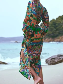 Strandkleider & Sommerkleider|Kleider^Marjolaine Langarm Feinbatist mit Seide Strandkleid ATHENA in grün-bunt von grün-bunt mit Print