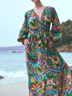 Strandkleider & Sommerkleider|Kleider^Marjolaine Langarm Feinbatist mit Seide Strandkleid ATHENA in grün-bunt von grün-bunt mit Print