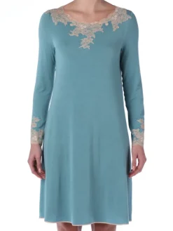 Edle Nachthemden^IMEC Langarm Nachthemd SOPHIE jade-grün Modal von jadegrün mit cremefarbener Spitze