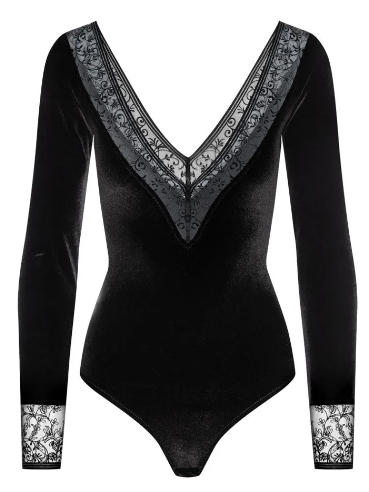 Langarm|Alle Bodys^Cadolle Langarm Samt-Body FLOQUI schwarz von schwarz mit Borte