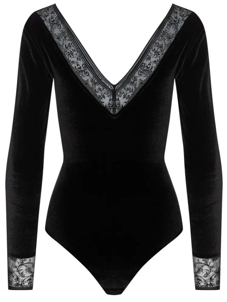 Langarm|Alle Bodys^Cadolle Langarm Samt-Body FLOQUI schwarz von schwarz mit Borte