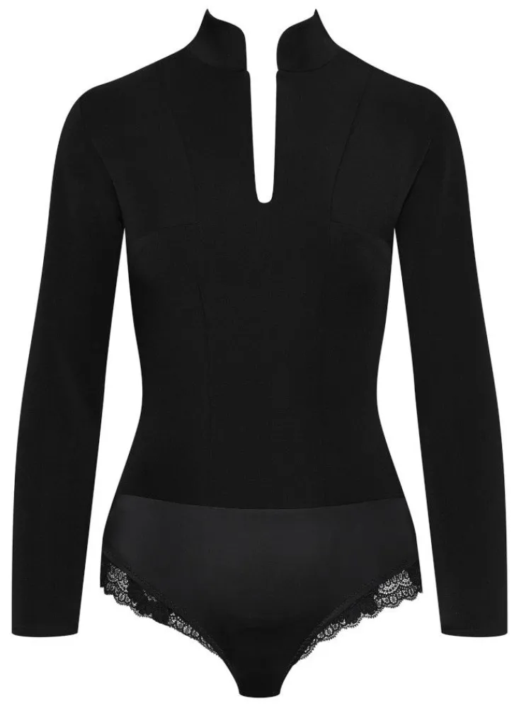 Langarm|Alle Bodys^Cadolle Langarm Twill-Body OFFICIER schwarz von schwarz mit Spitze