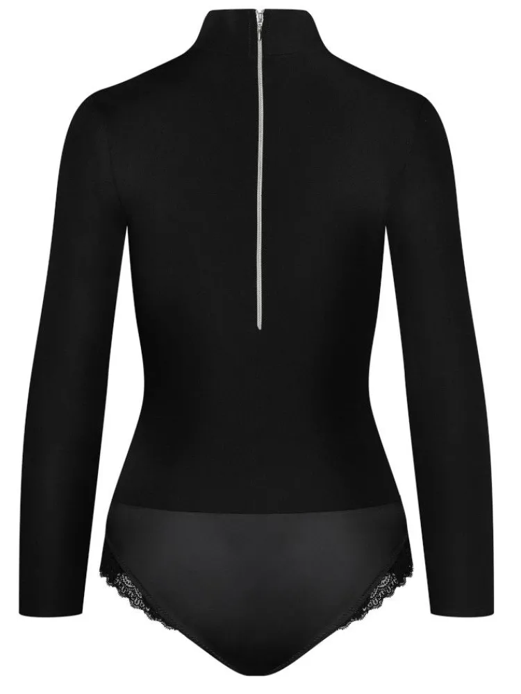 Langarm|Alle Bodys^Cadolle Langarm Twill-Body OFFICIER schwarz von schwarz mit Spitze