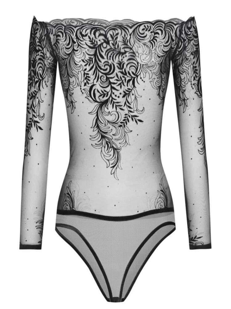 Langarm|Alle Bodys^Cadolle Langarm-Body ARABESQUE Tüll schwarz von schwarz mit Muster